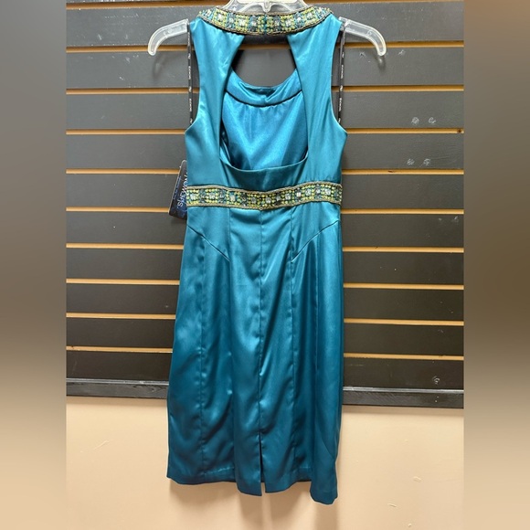 Sue Wong Blue Sheath Cocktail Dress Sleeveless Halter - Picture 3 of 4